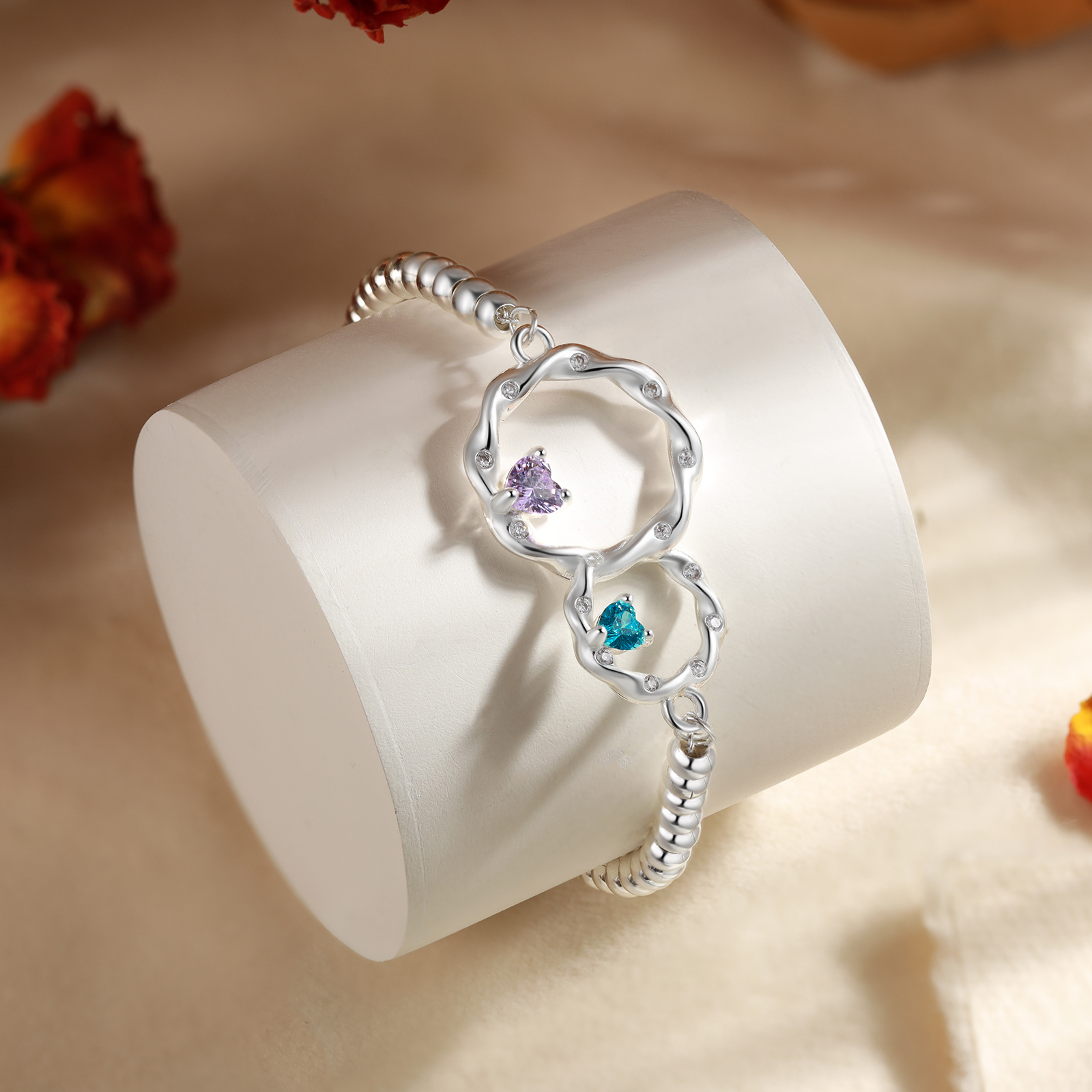 Personalized Mother Daughter Linked Circle Bracelet Custom with 2 Birthstones