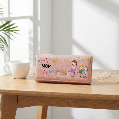 Personalized Leather Wallet Best Mom Ever Family Custom With 1-8 Names and Kids