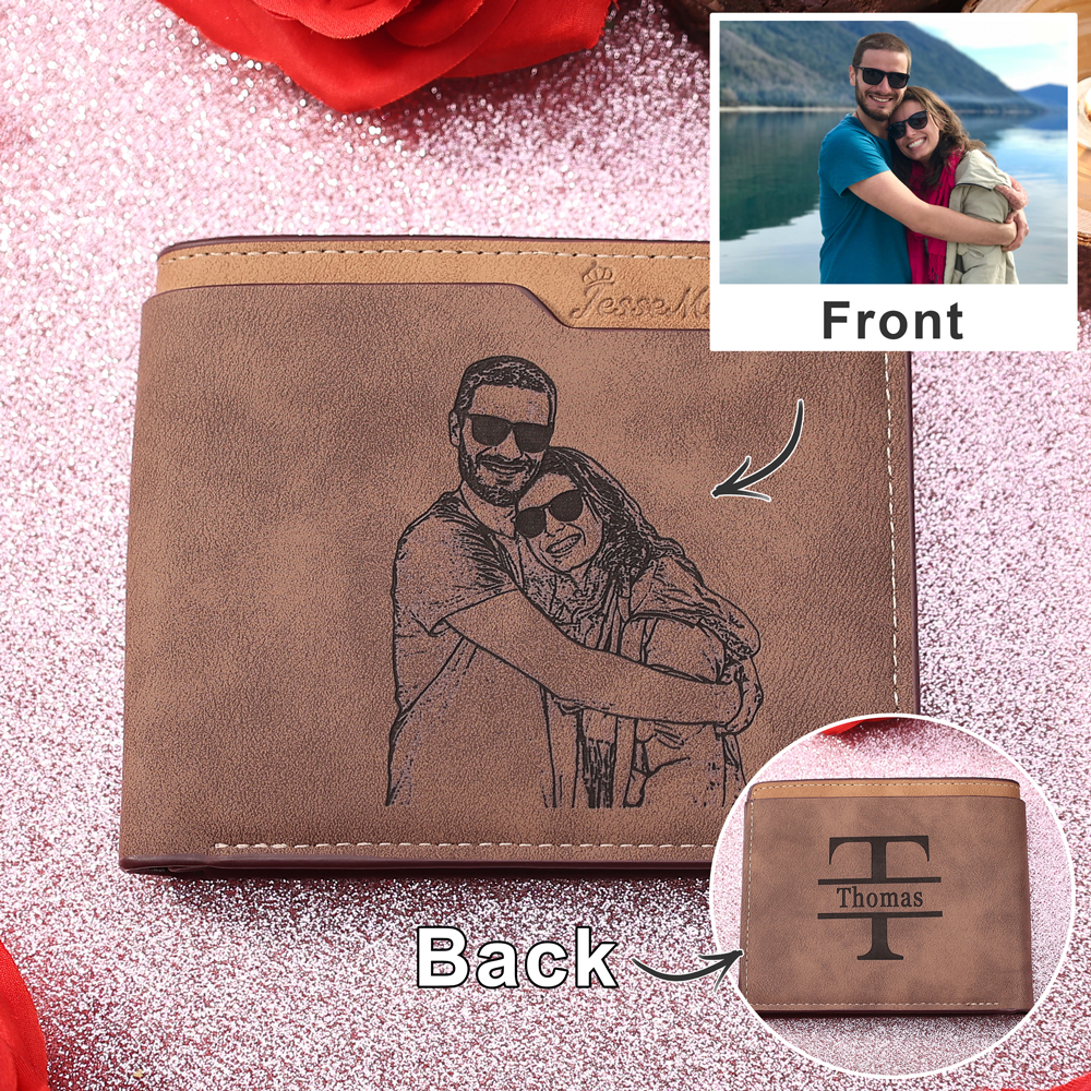 Personalized Leather Wallet Engraved Photo Short Purse Custom Folding Wallet Gifts For Him