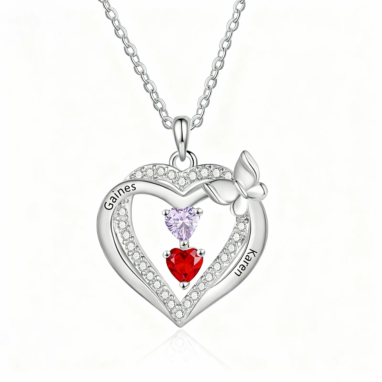 Personalized 1-3 Names Butterfly Heart Birthstone Necklace