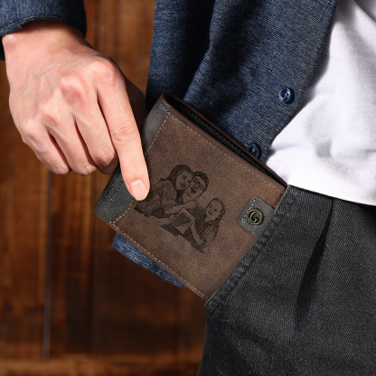 Personalized Men’s Leather Bifold Wallet with Engraved photo Custom Initials and Name