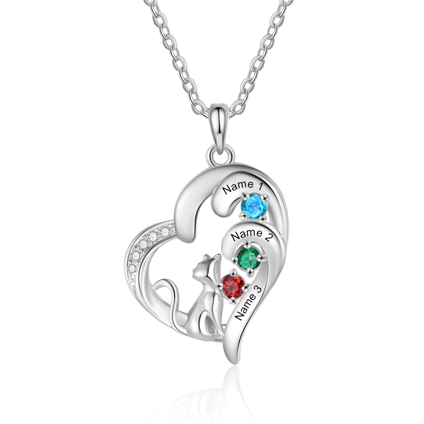 Personalized Cat Heart Necklace with 2–5 Birthstones and Names