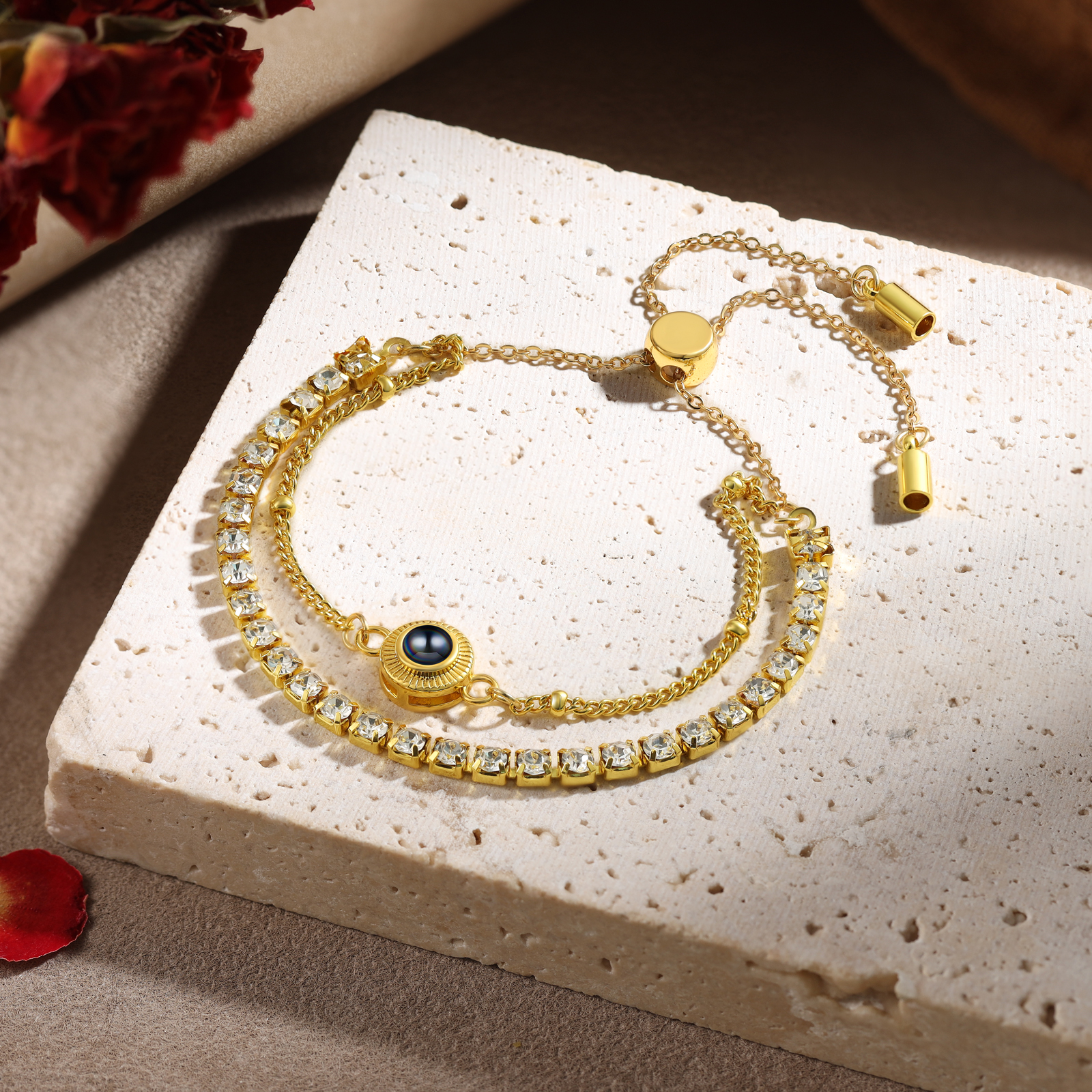 Personalized Photo Projection Bracelet with Double Rhinestone Row Adjustable Women’s Bracelet