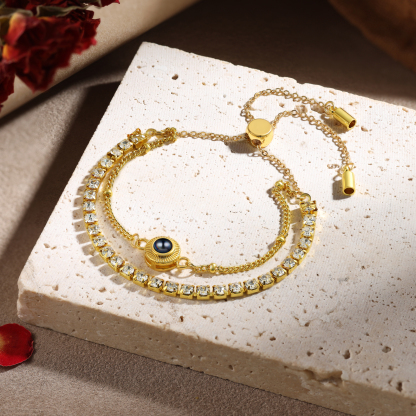 Personalized Photo Projection Bracelet with Double Rhinestone Row Adjustable Women’s Bracelet