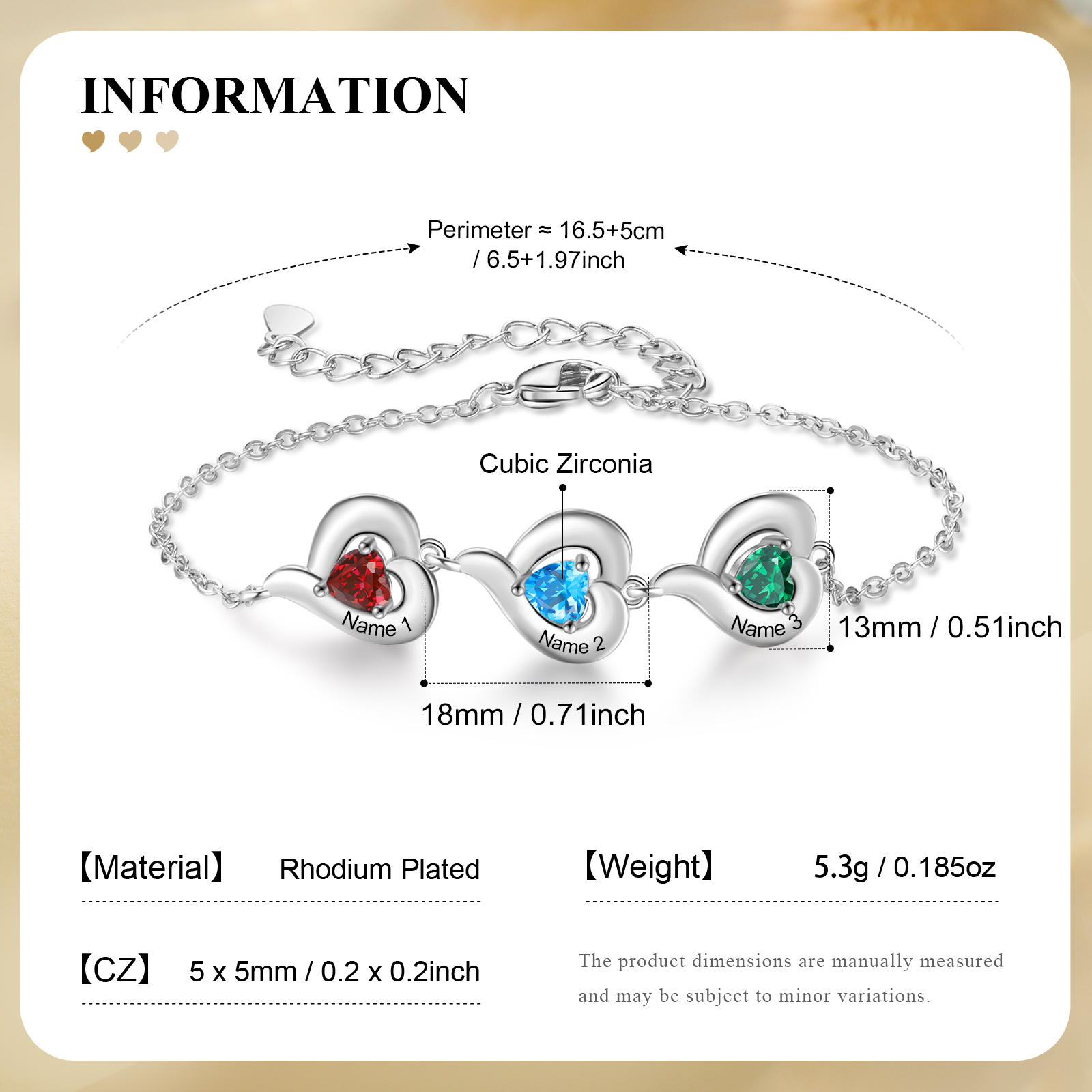 Personalized 1-5 Names Adjustable Heart Birthstone Bracelet | Jessemade