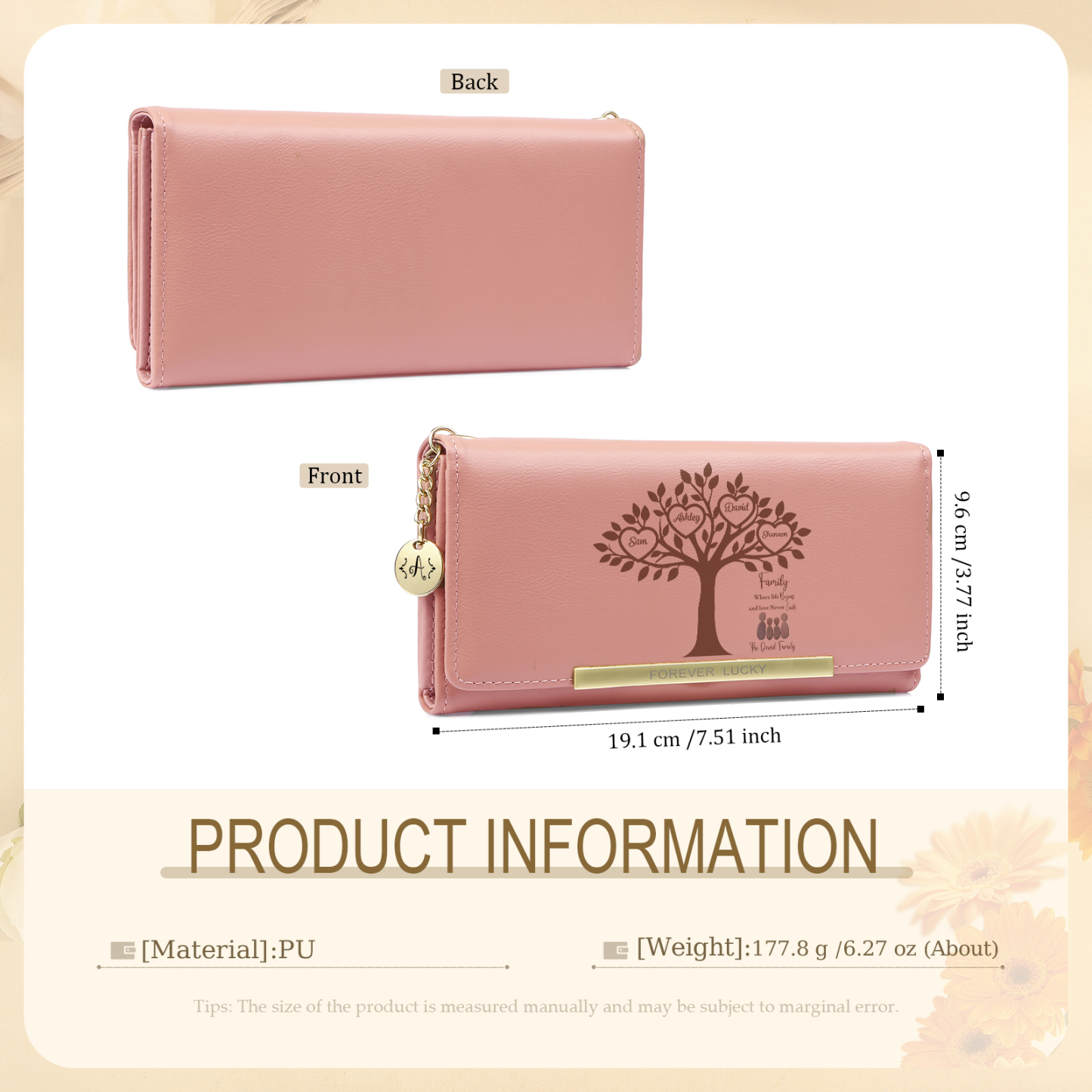 Personalized 2–6 Name Pebble Family Tree Pink Leather Wallet for Mom