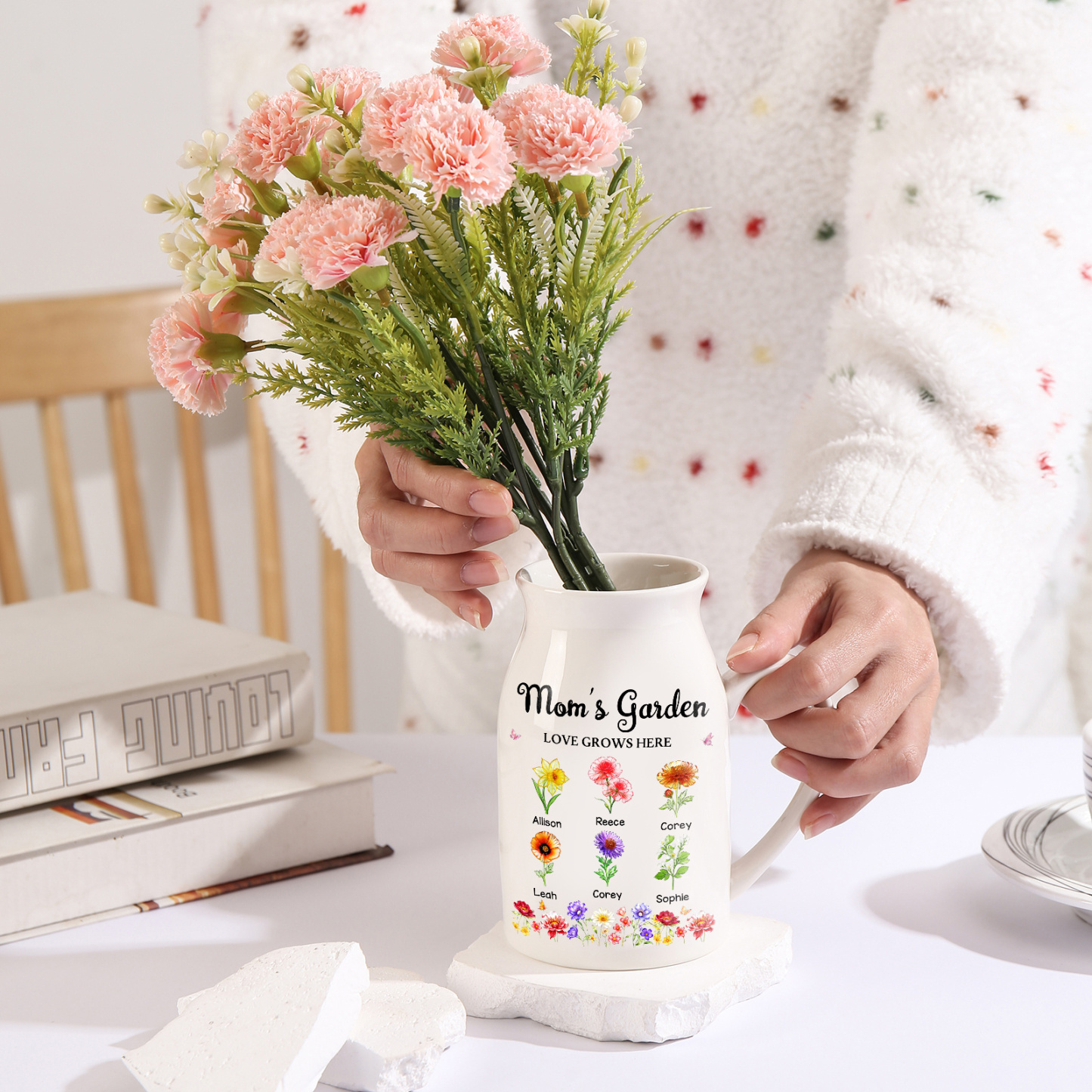 Personalized Ceramic Vase With Floral Motif Grandma’s Garden Customized With 1–10 Birth Flowers and Names