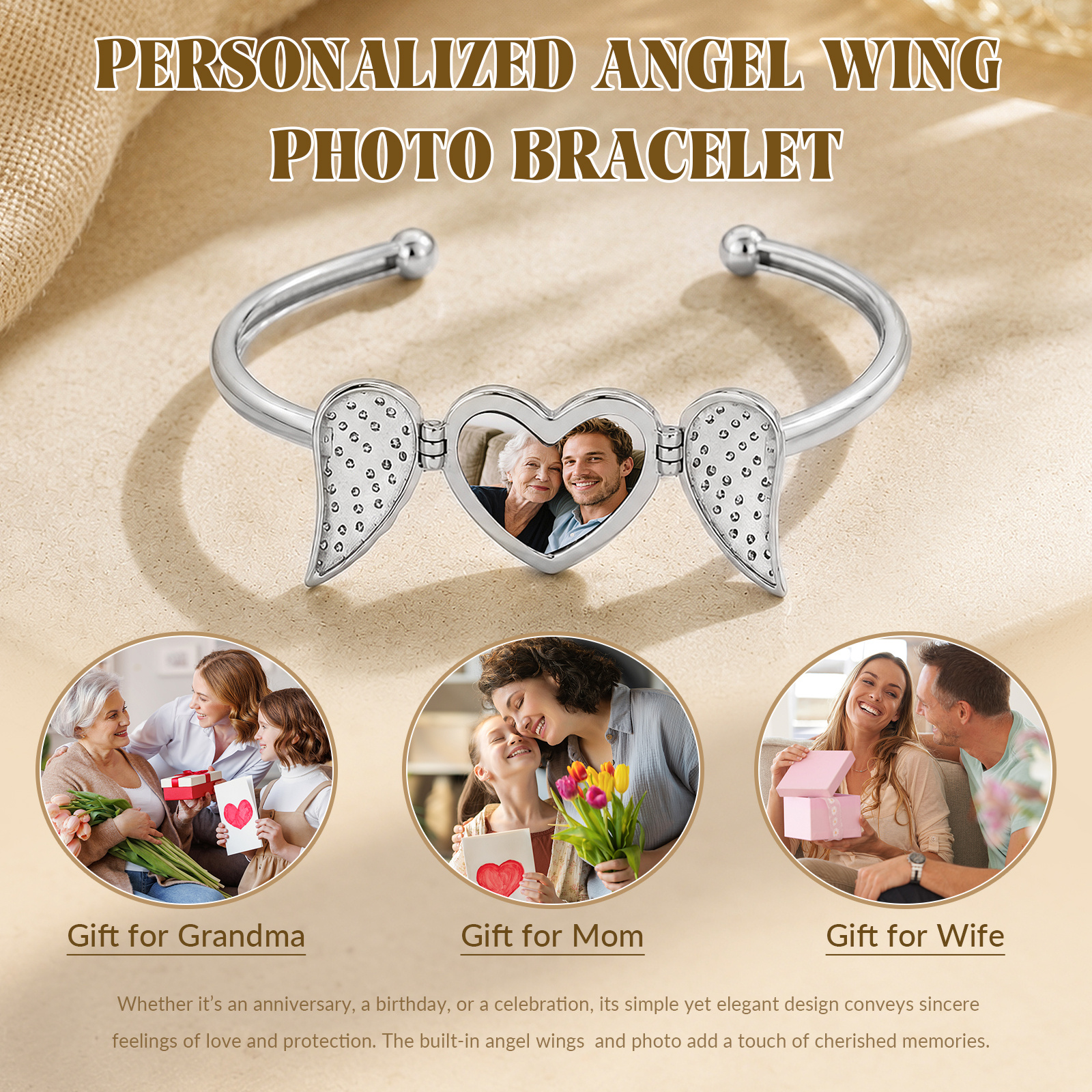 Personalized Angel Wing Heart Photo Cuff Bracelet