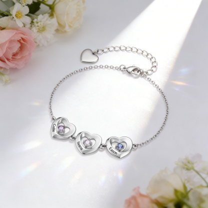 Personalized Linked Hearts Bracelet Customized with 2-5 Names and Birthstones Family Jewelry for Mom