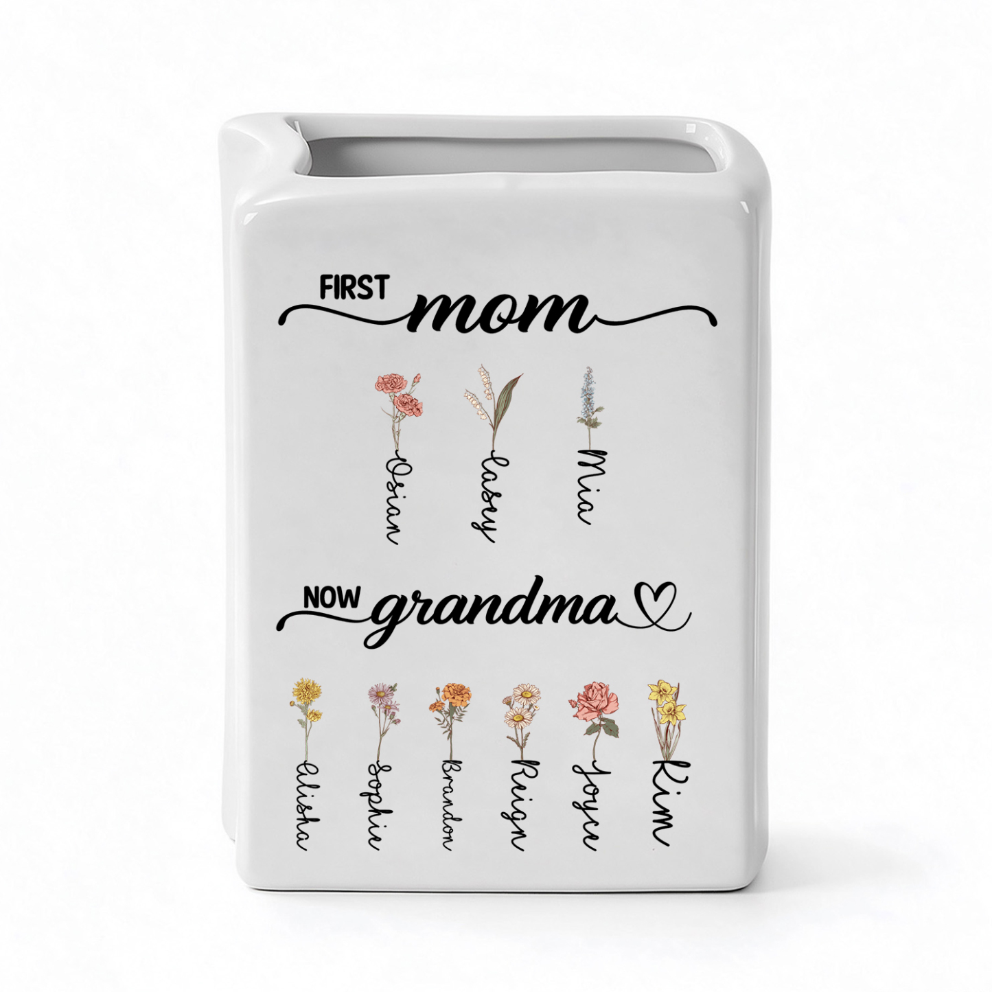 Personalized Ceramic Vase for Grandma Customized with 2-12 Names and Birth Flowers