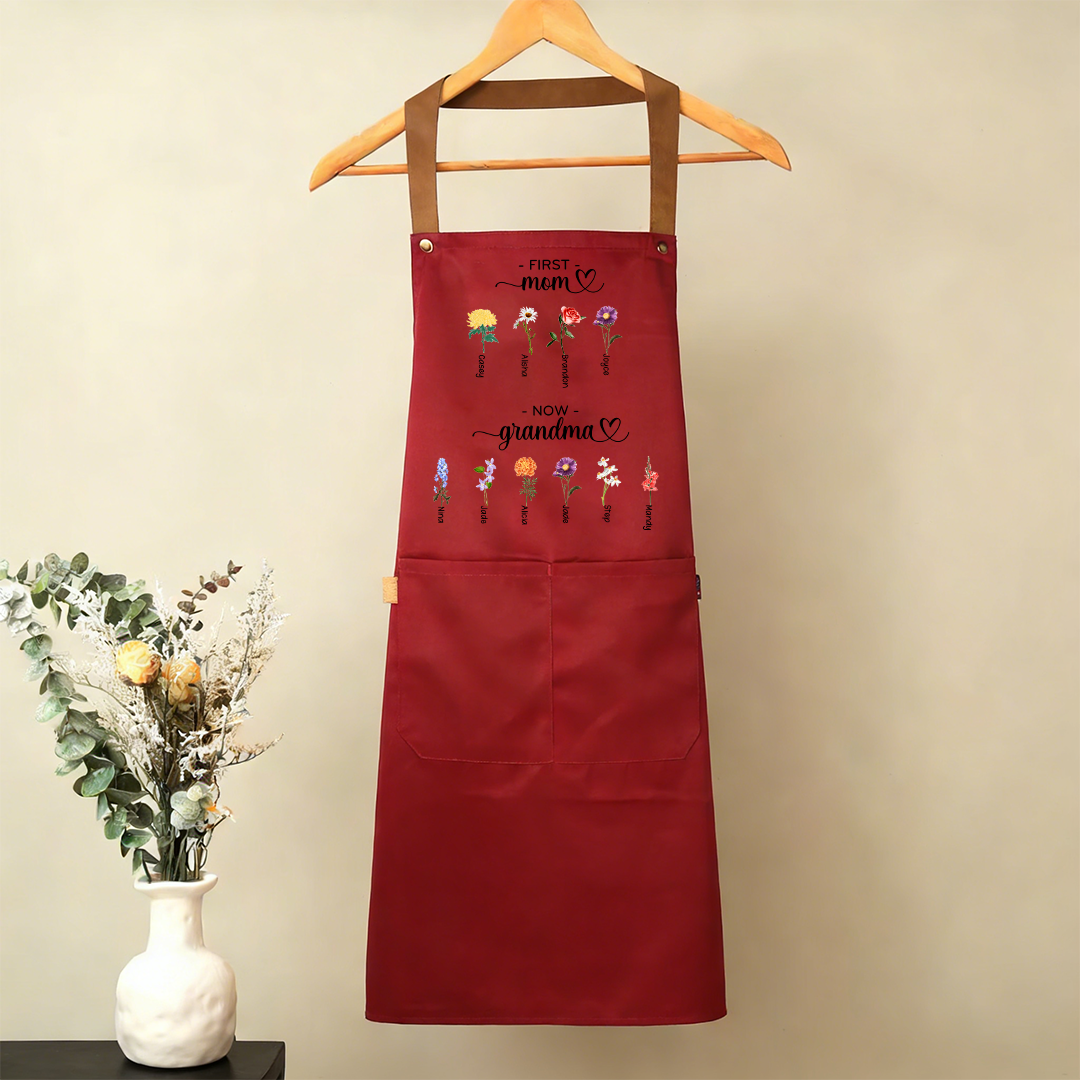 Personalized Apron “First Mom, Now Grandma” Custom with 2-16 Names and Birth Flowers