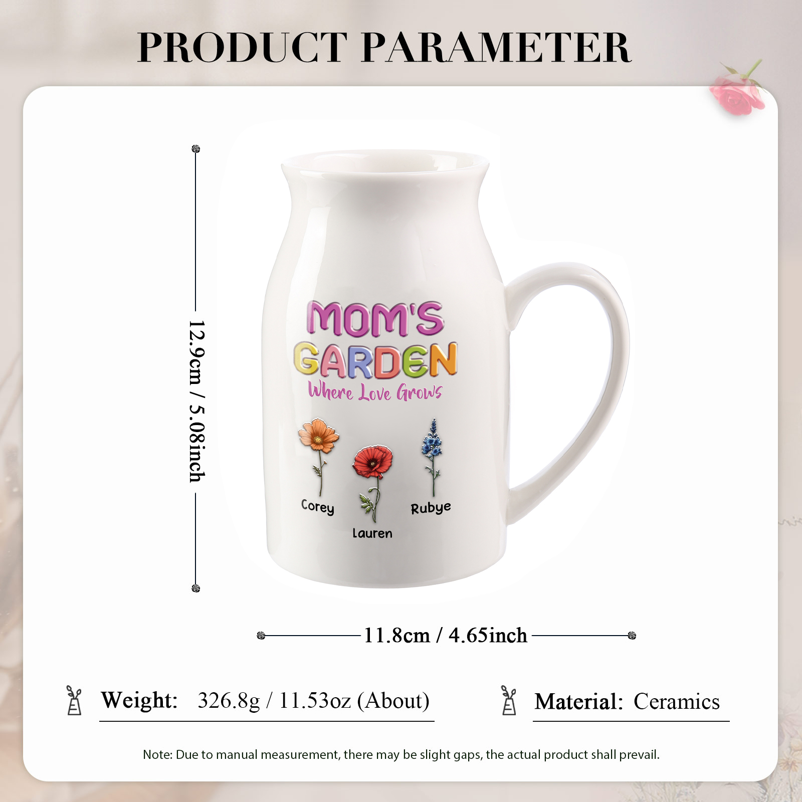 Personalized Ceramic Pitcher Vase Custom With 1-10 Names And Birth Flowers Gift For Mom Or Grandma