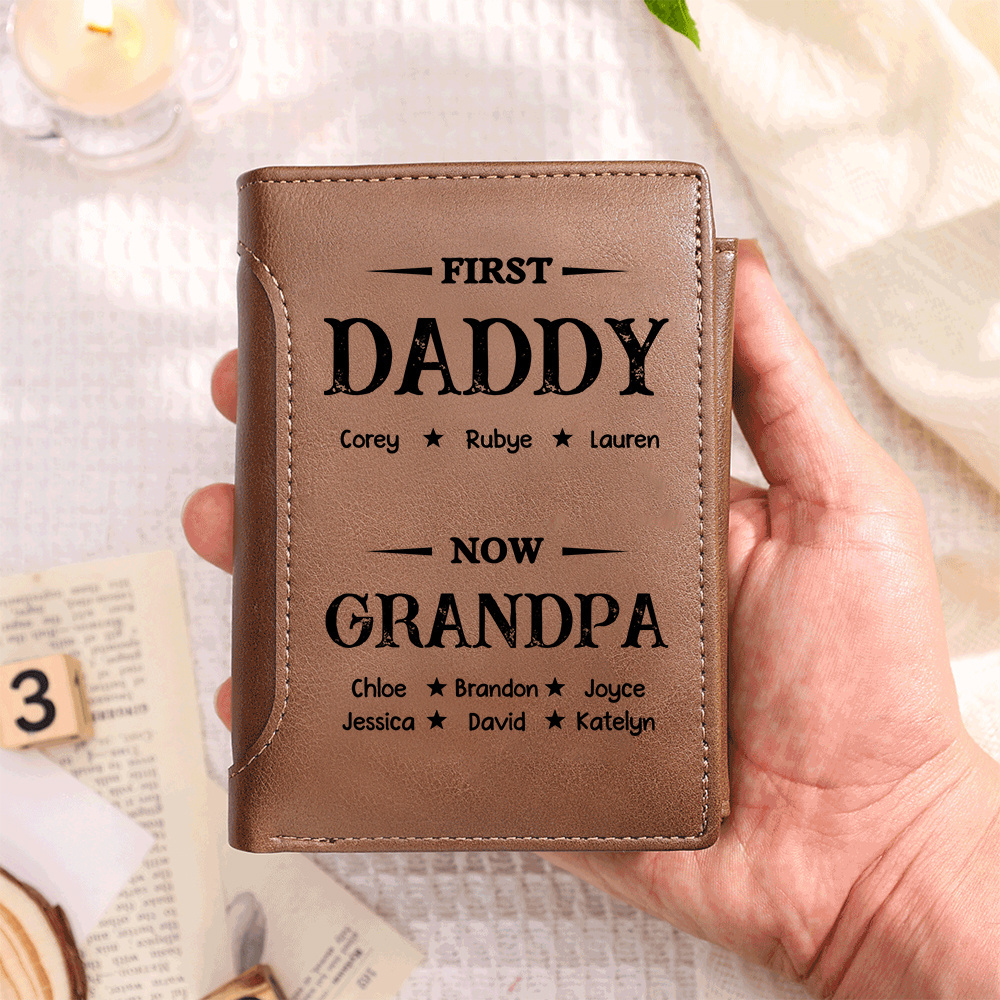 Personalized Men Trifold Leather Wallet First Dad Now Grandpa Custom with 2-14 Names