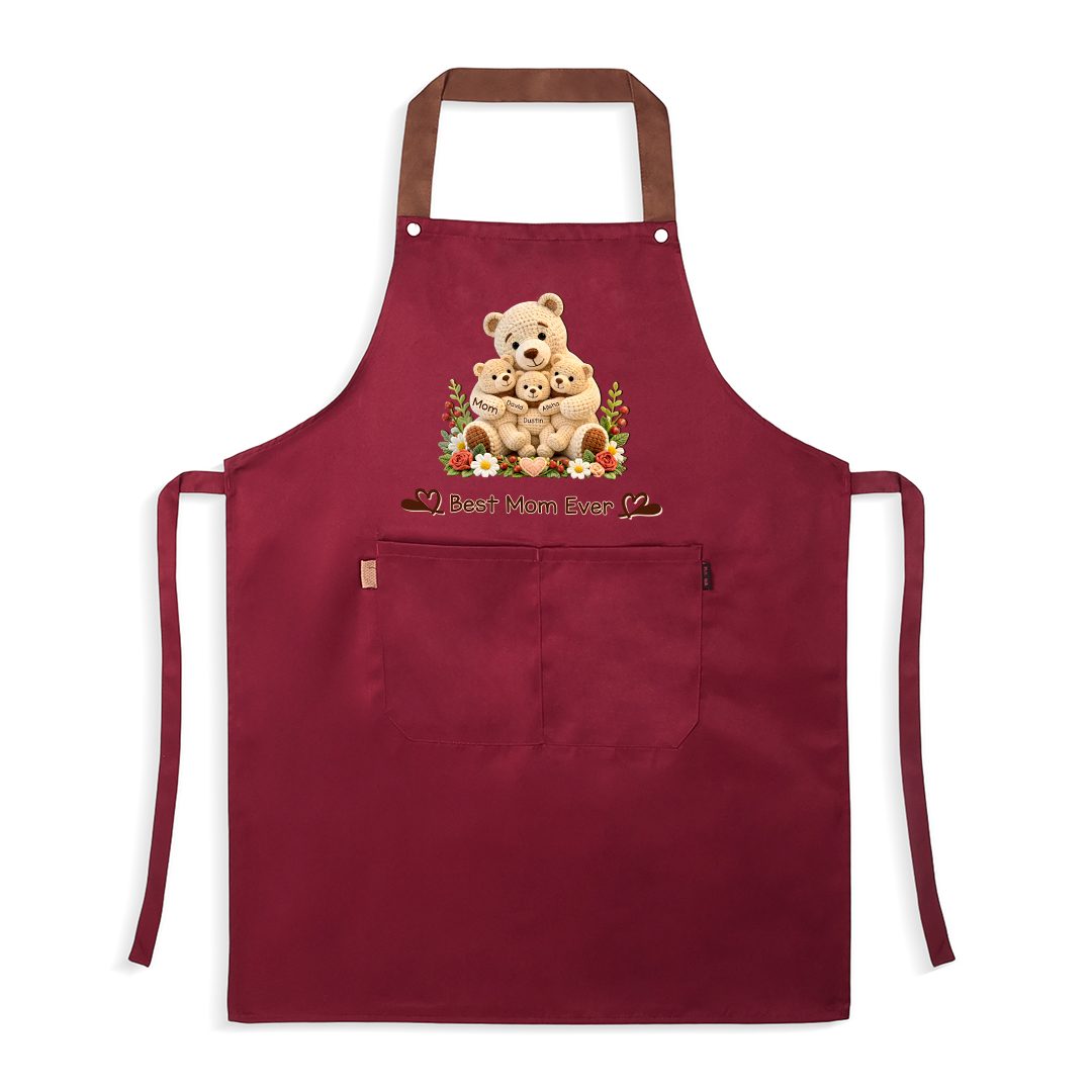 Personalized Cooking Apron With Pocket Customized With 1-10 Names And Teddy Bear