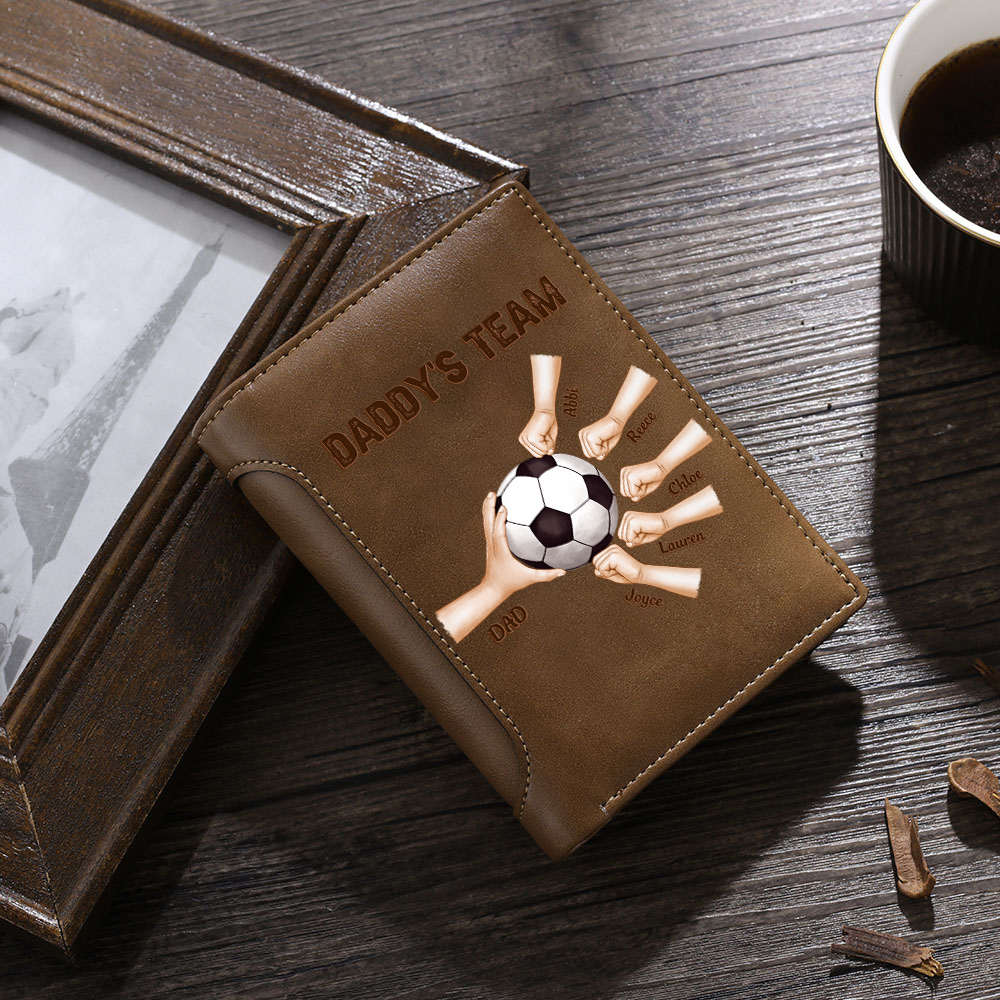 Personalized Football Leather Wallet for Dad with 2–6 Kids Names and Fist Bump Design