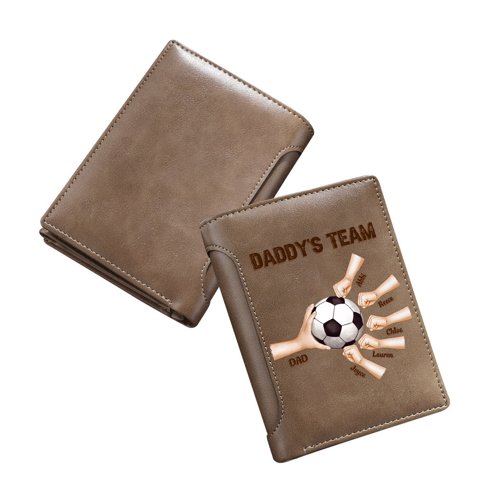 Personalized Football Leather Wallet for Dad with 2–6 Kids Names and Fist Bump Design