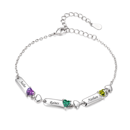 Personalized Birthstones Bracelet Customized With 1-6 Names And Heart-Shaped Stones Gift For Mom Or Grandma