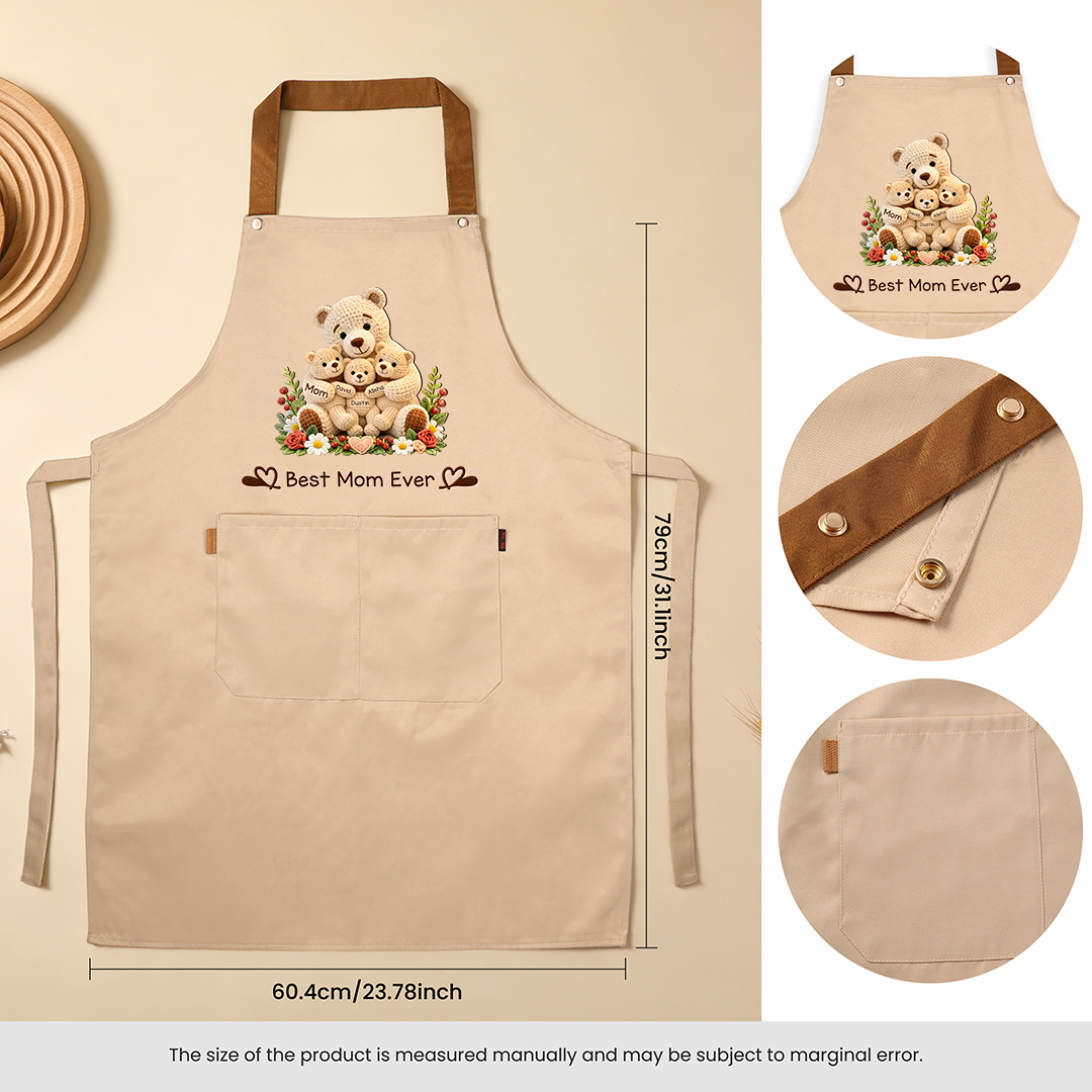 Personalized Cooking Apron With Pocket Customized With 1-10 Names And Teddy Bear
