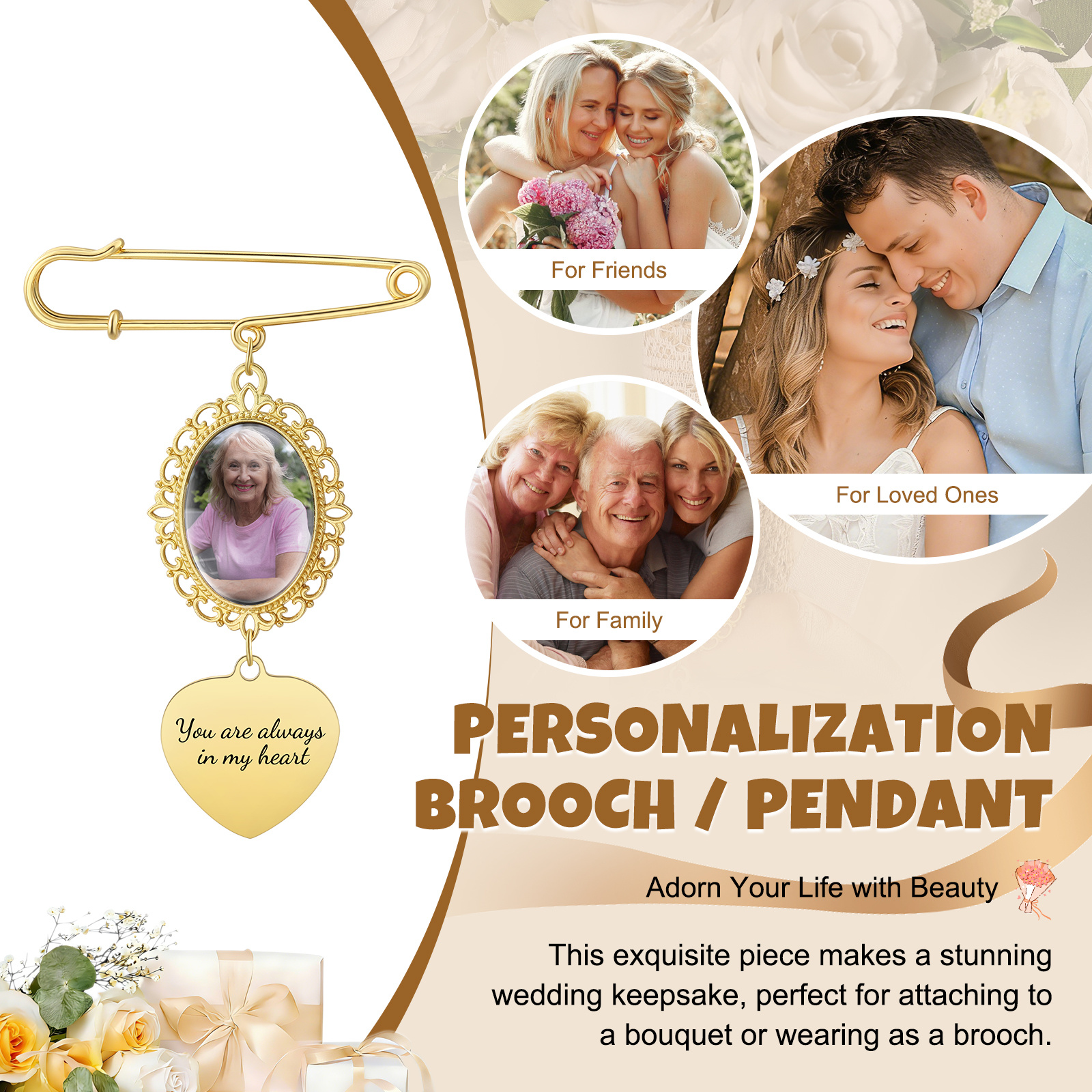 Personalized Wedding Photo Brooch Memorial Bridal Bouquet Groom Lapel Pin