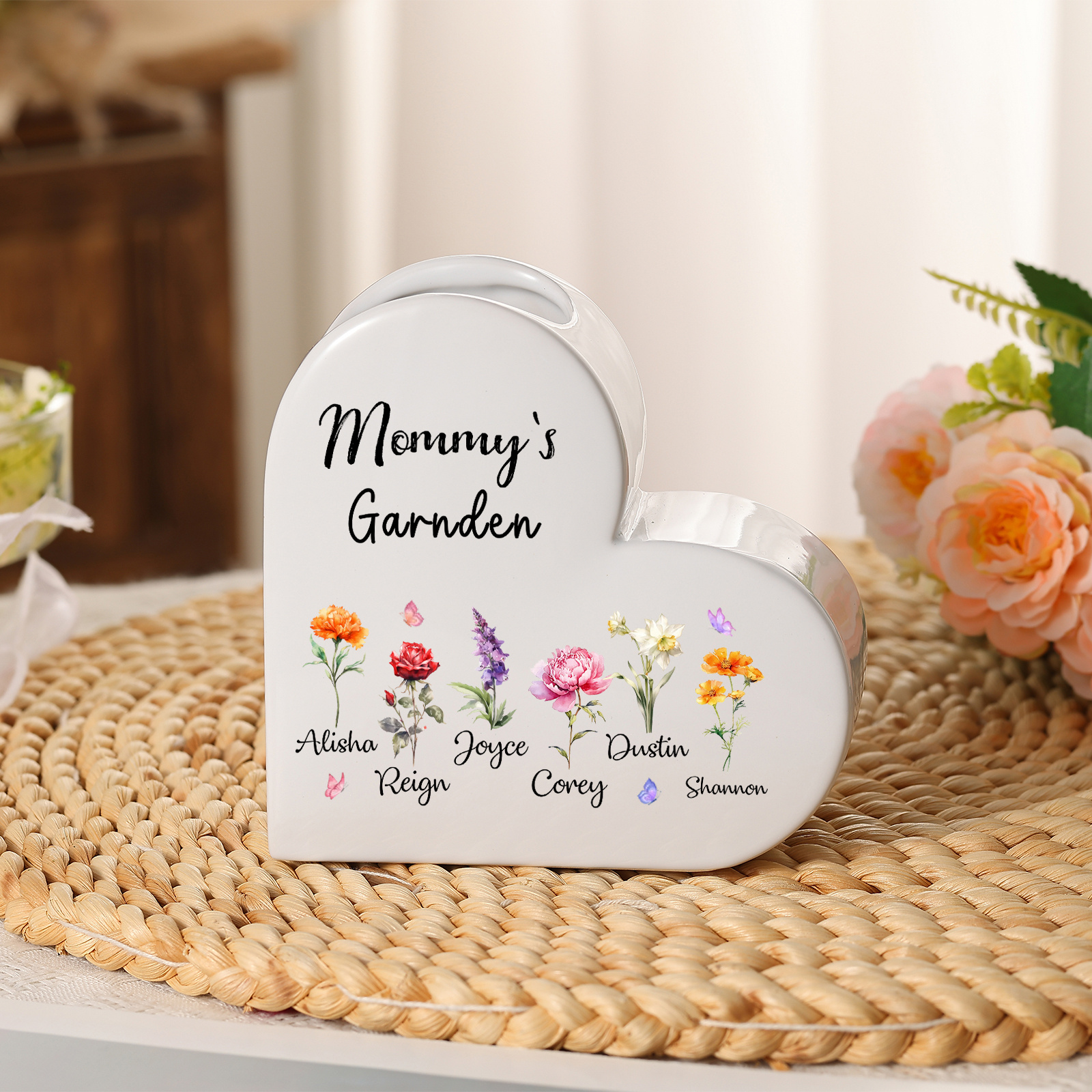 Personalized Heart Shaped Ceramic Vase Grandma’S Garden Custom With 1–12 Birth Flowers And Names