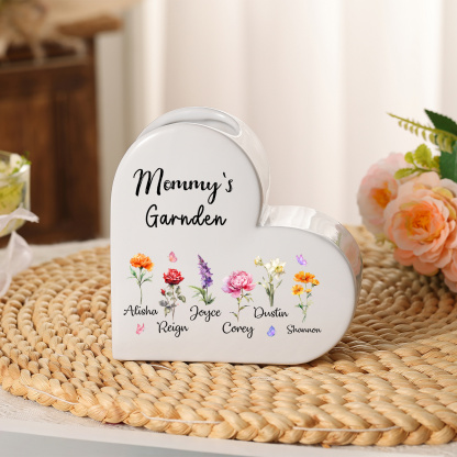 Personalized Heart-Shaped Ceramic Vase Grandma’s Garden Customized with 1–12 Birth Flowers and Names – Mother’s Day and Birthday Gift for Mom & Grandma | Jessemade