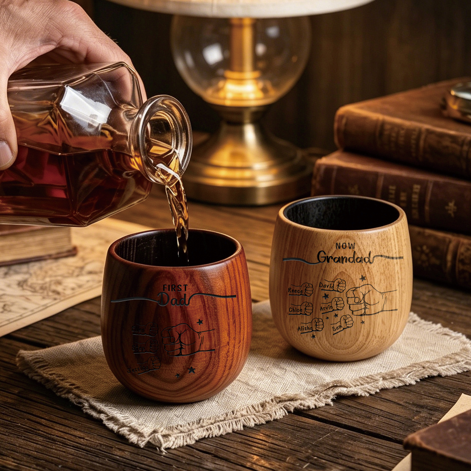 Personalized Wooden Whiskey Cup for Dad Grandpa Customized with 2-12 Names and Fist Bumps