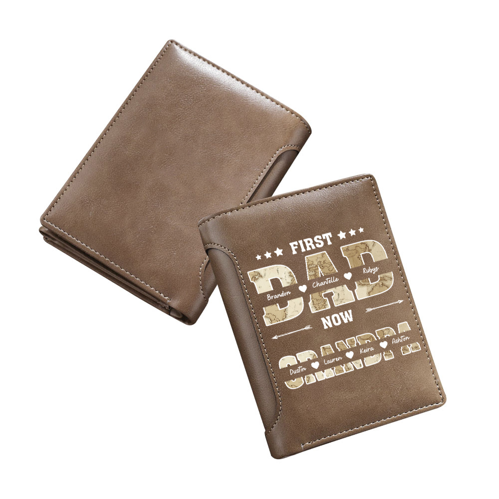 Personalized Leather Wallet With Map Design For Dad And Grandpa Customizable With 2–10 Names