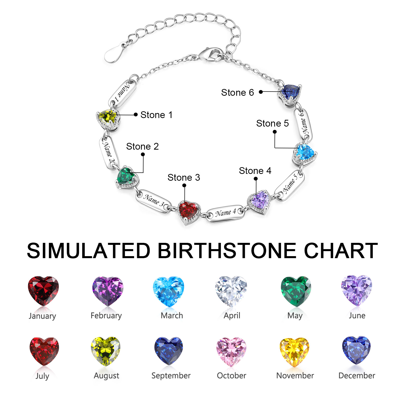 Personalized Heart Birthstone Bracelet Customized with 1-6 Names and Stones