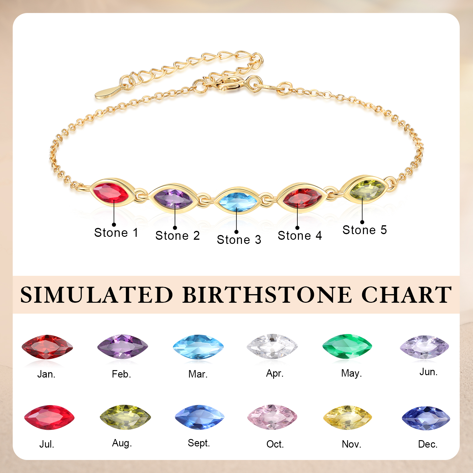 925 Sterling Silver Personalized Birthstones Bracelet Custom with 2–5 Marquise-Cut Stones