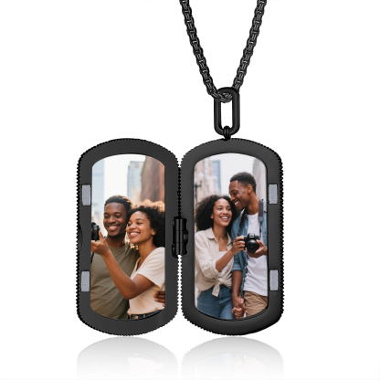 Personalized Dog Tag Locket Necklace for Men with Engraving and 2 Photos