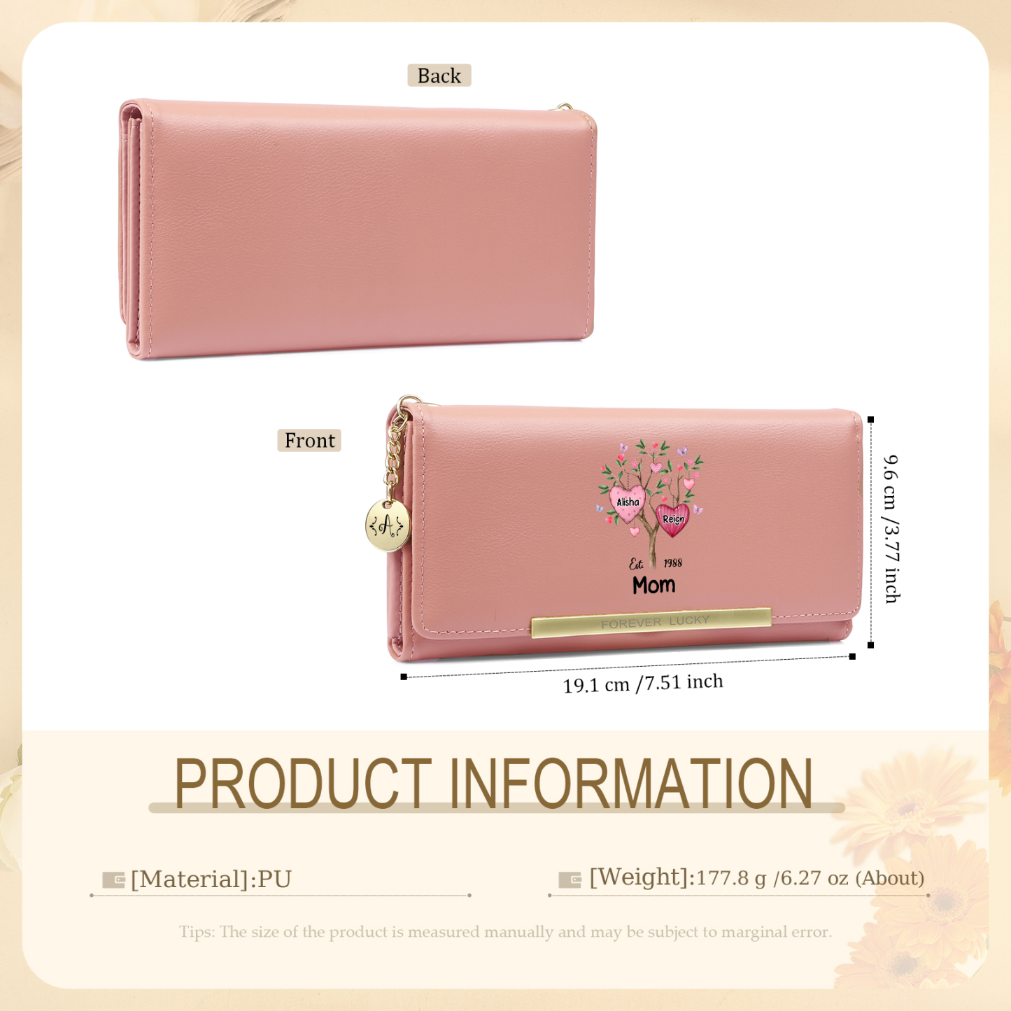 Personalized Women Leather wallet Heart Family Tree Custom with 2–8 Names