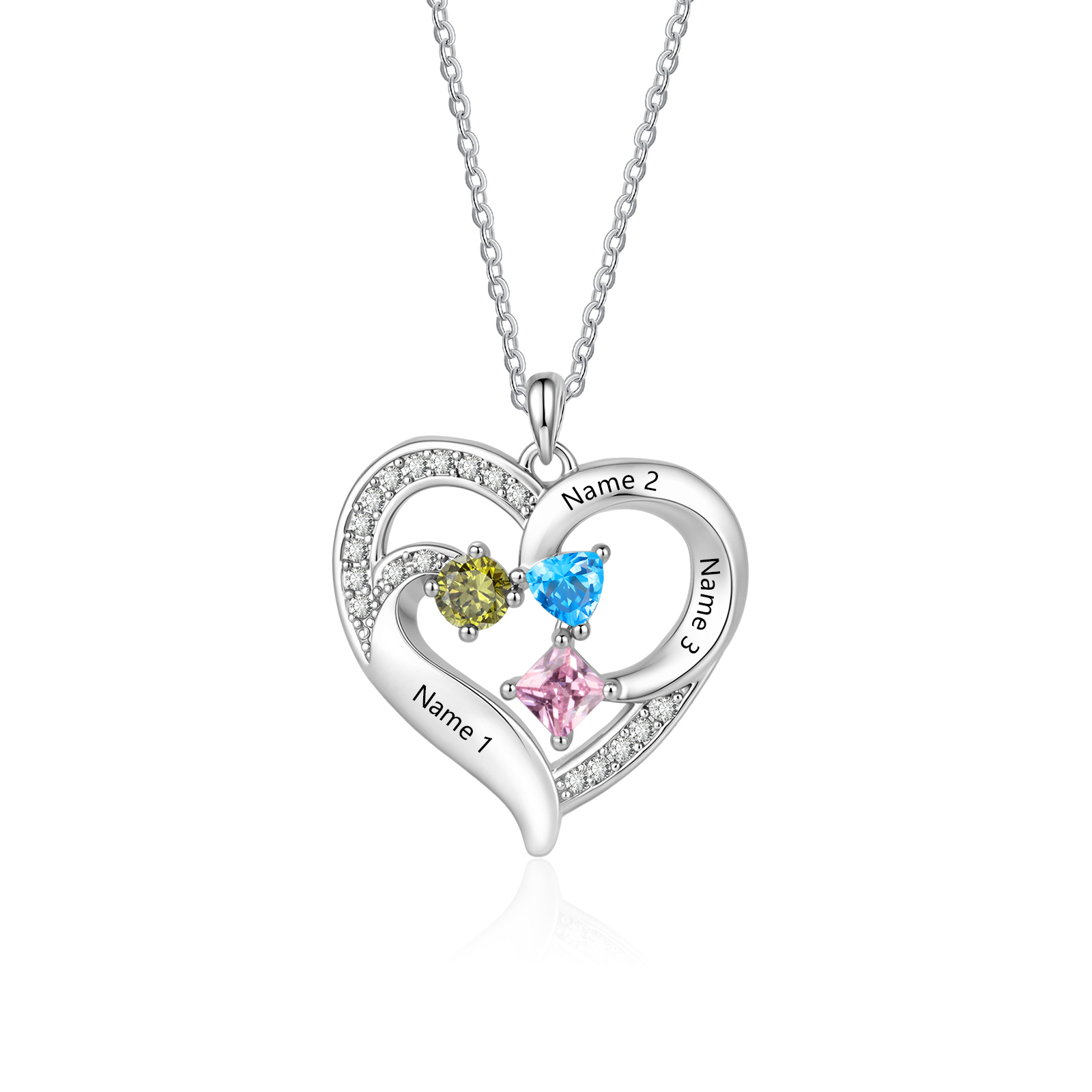 Personalized Double Heart Birthstone Necklace Customized with 1-5 Names
