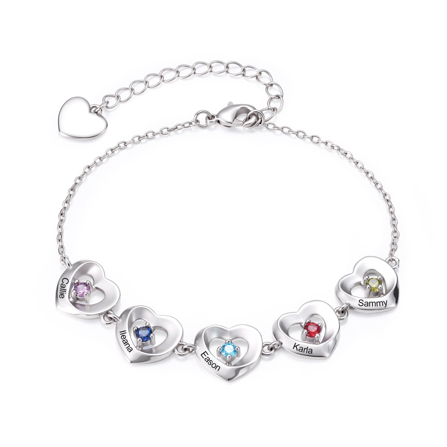 Personalized Linked Hearts Bracelet Customized with 2-5 Names and Birthstones Family Jewelry for Mom
