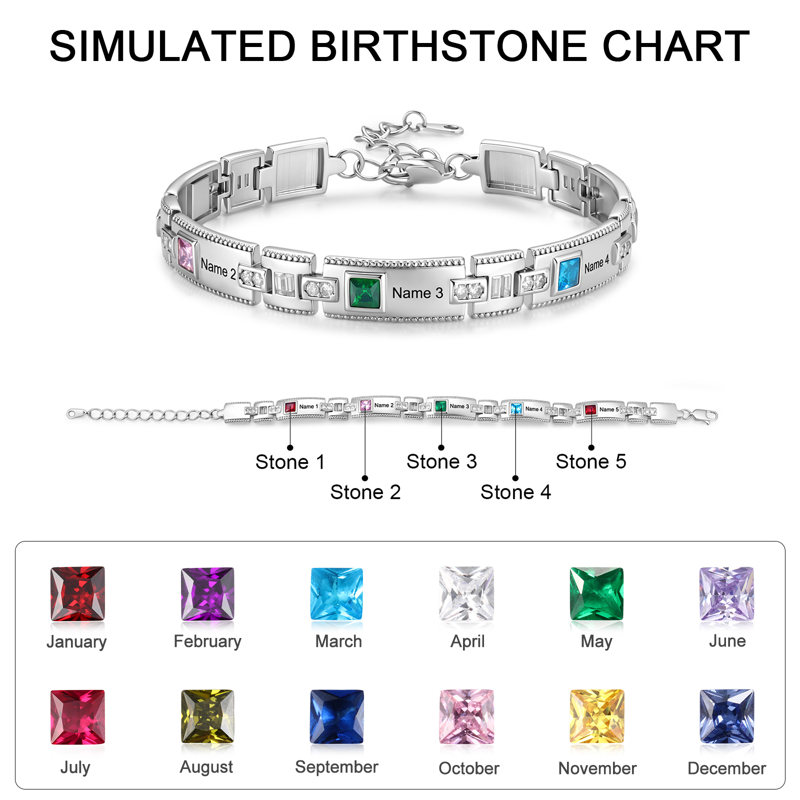Personalized Square Link Bracelet Custom with 2-5 Names and Birthstones