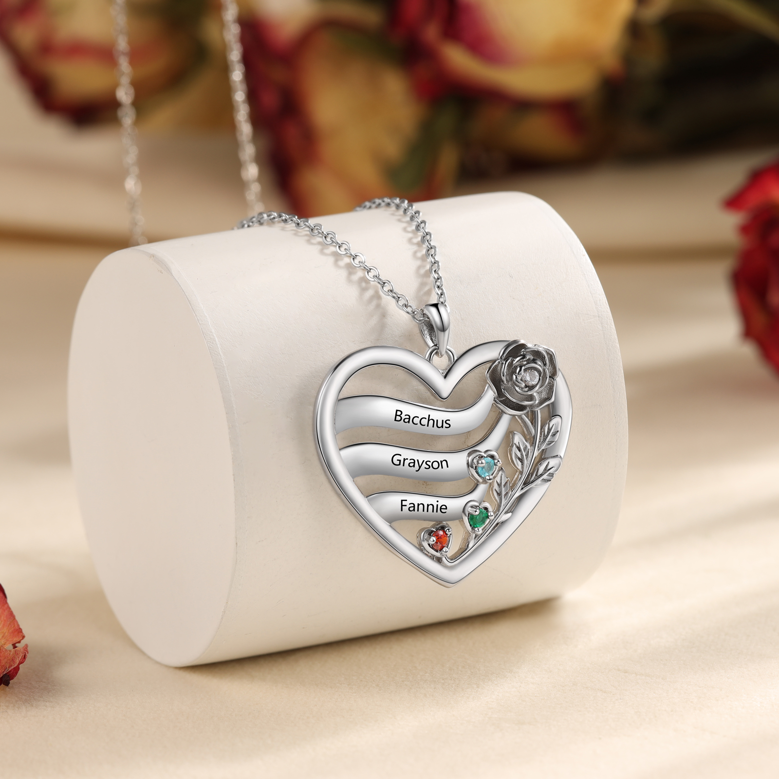 Personalized Rose Heart Birthstone Necklace Custom with 2–5 Names