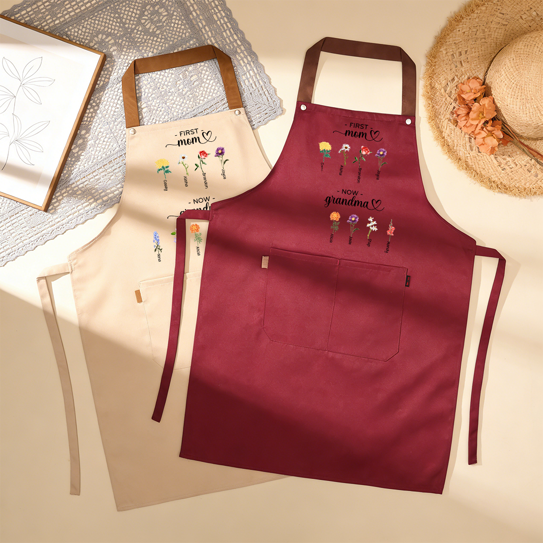 Personalized Apron “First Mom, Now Grandma” Custom with 2-16 Names and Birth Flowers