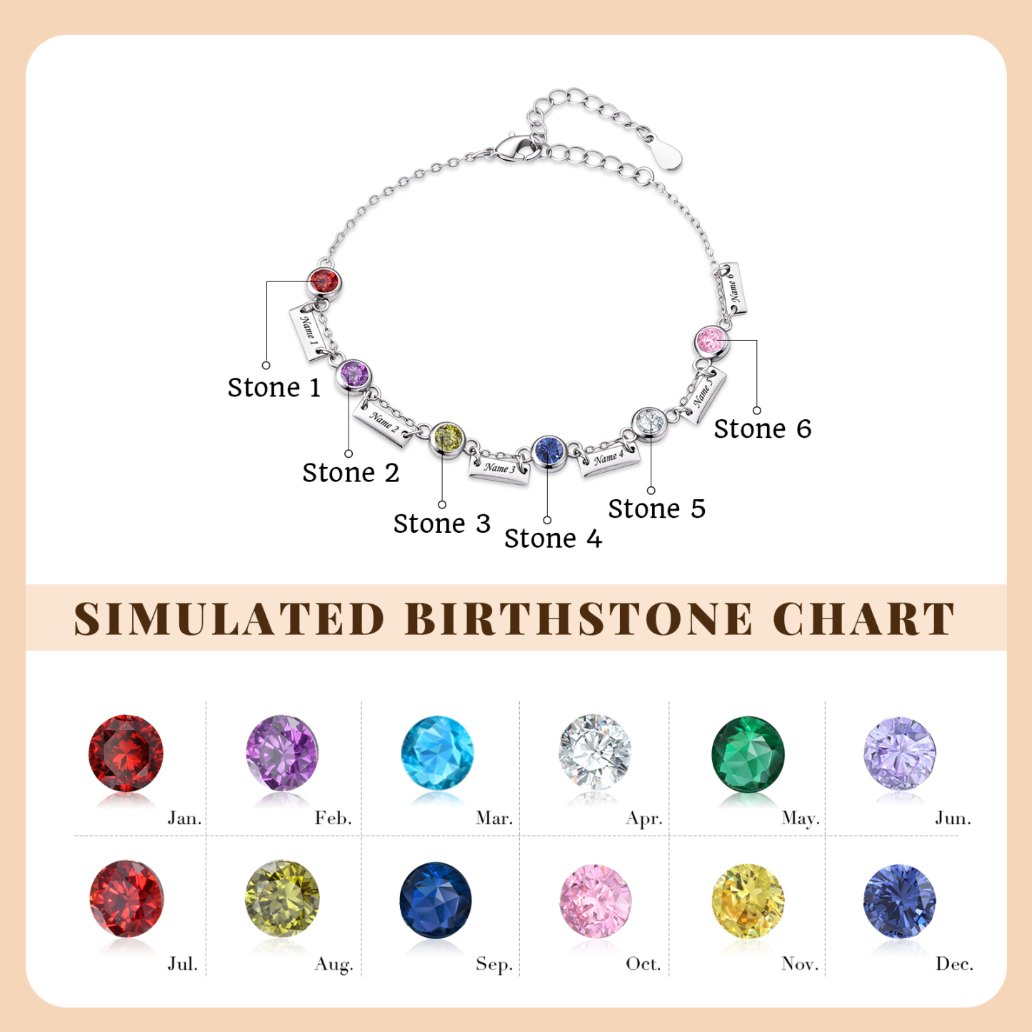 Personalized Birthstones Bracelet Custom With 1 To 6 Names And Stones Unique Jewelry For Women
