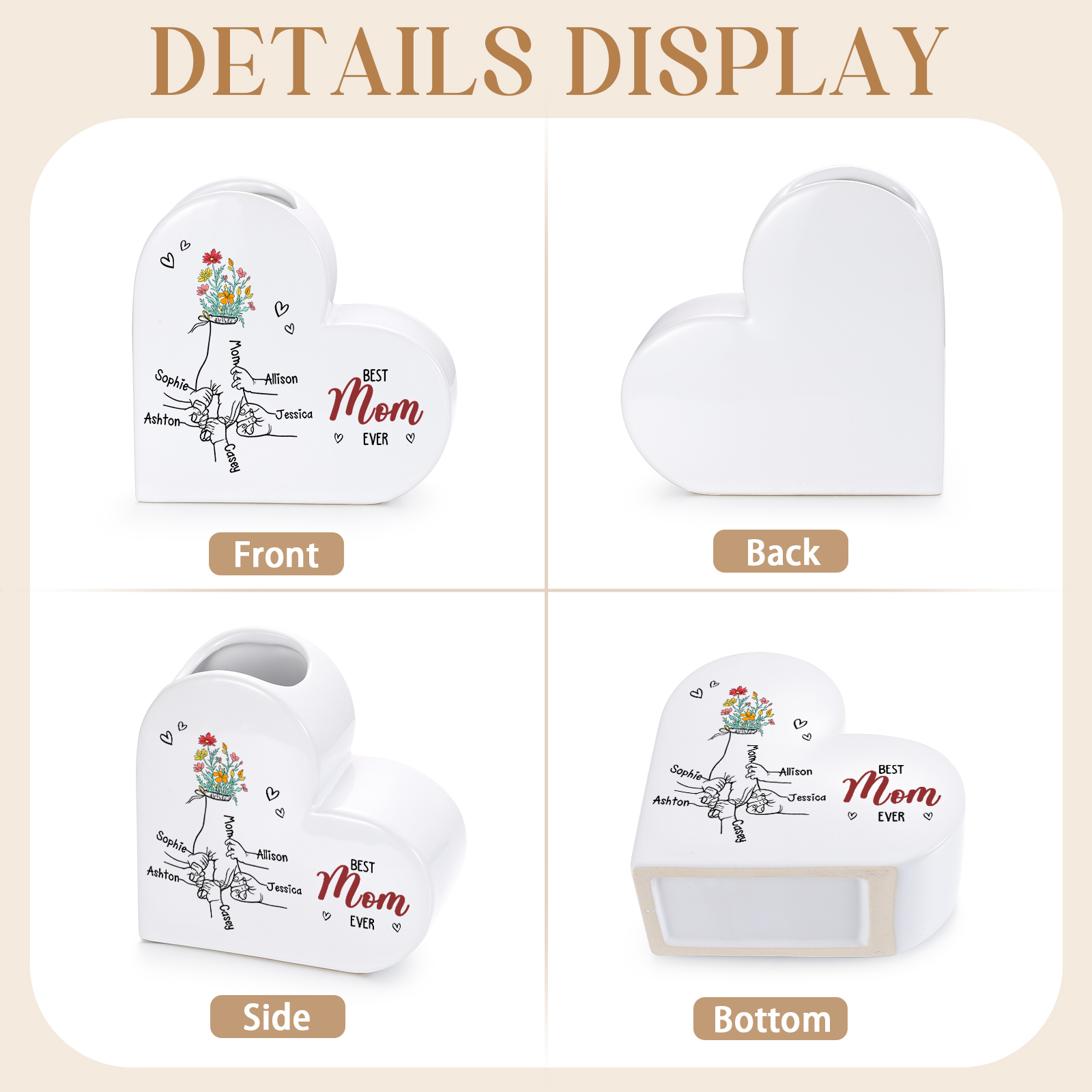 Personalized Heart Flower Vase “Best Mom/Grandma Ever” Custom 2–7 Names Ceramic Vase