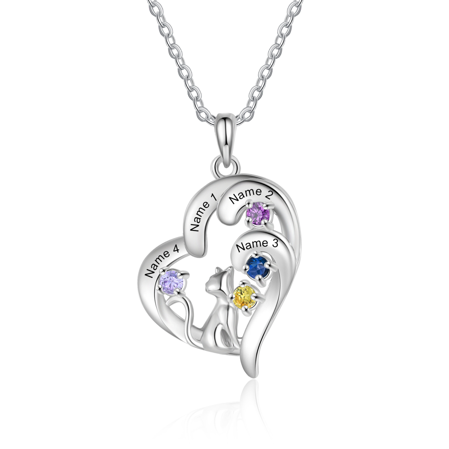 Personalized Cat Heart Necklace with 2–5 Birthstones and Names