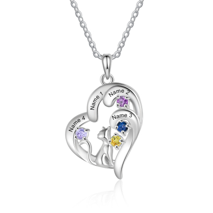 Personalized Cat Heart Necklace with 2–5 Birthstones and Names
