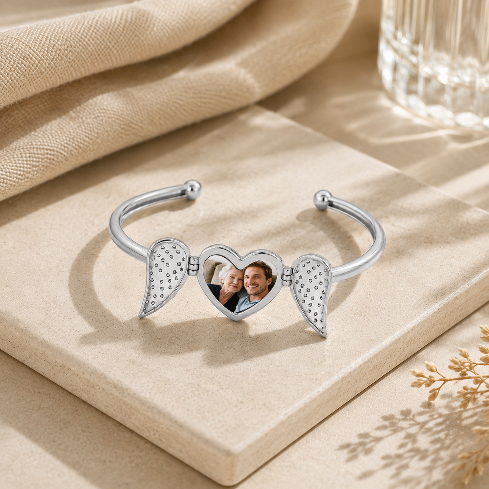 Personalized Angel Wing Heart Photo Cuff Bracelet