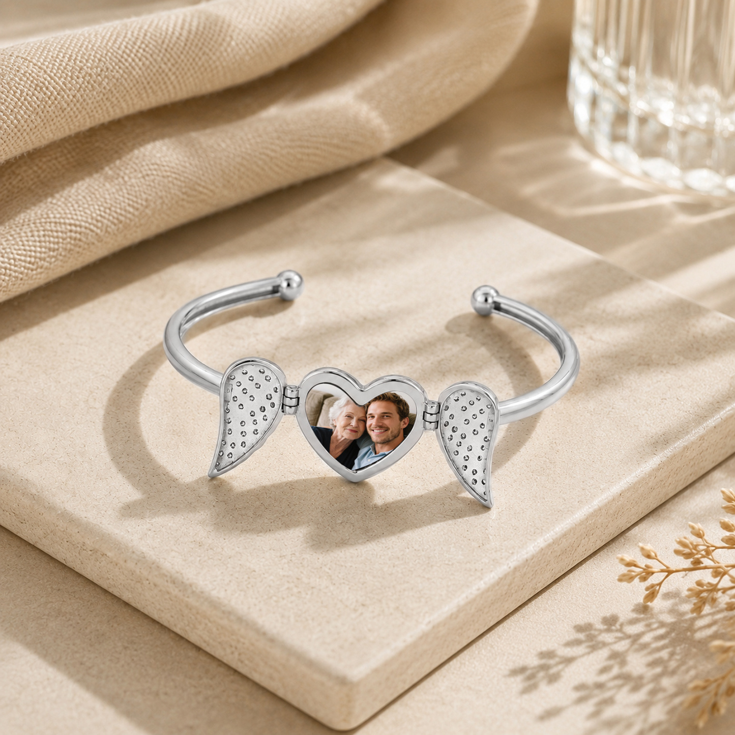 Personalized Angel Wing Heart Photo Cuff Bracelet