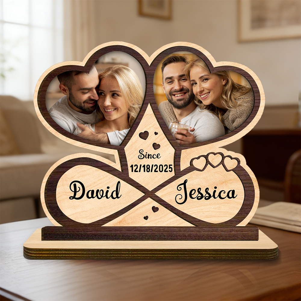 Personalized Wooden Plaque with Photos, First Names, and Date – Romantic Decor for Couples