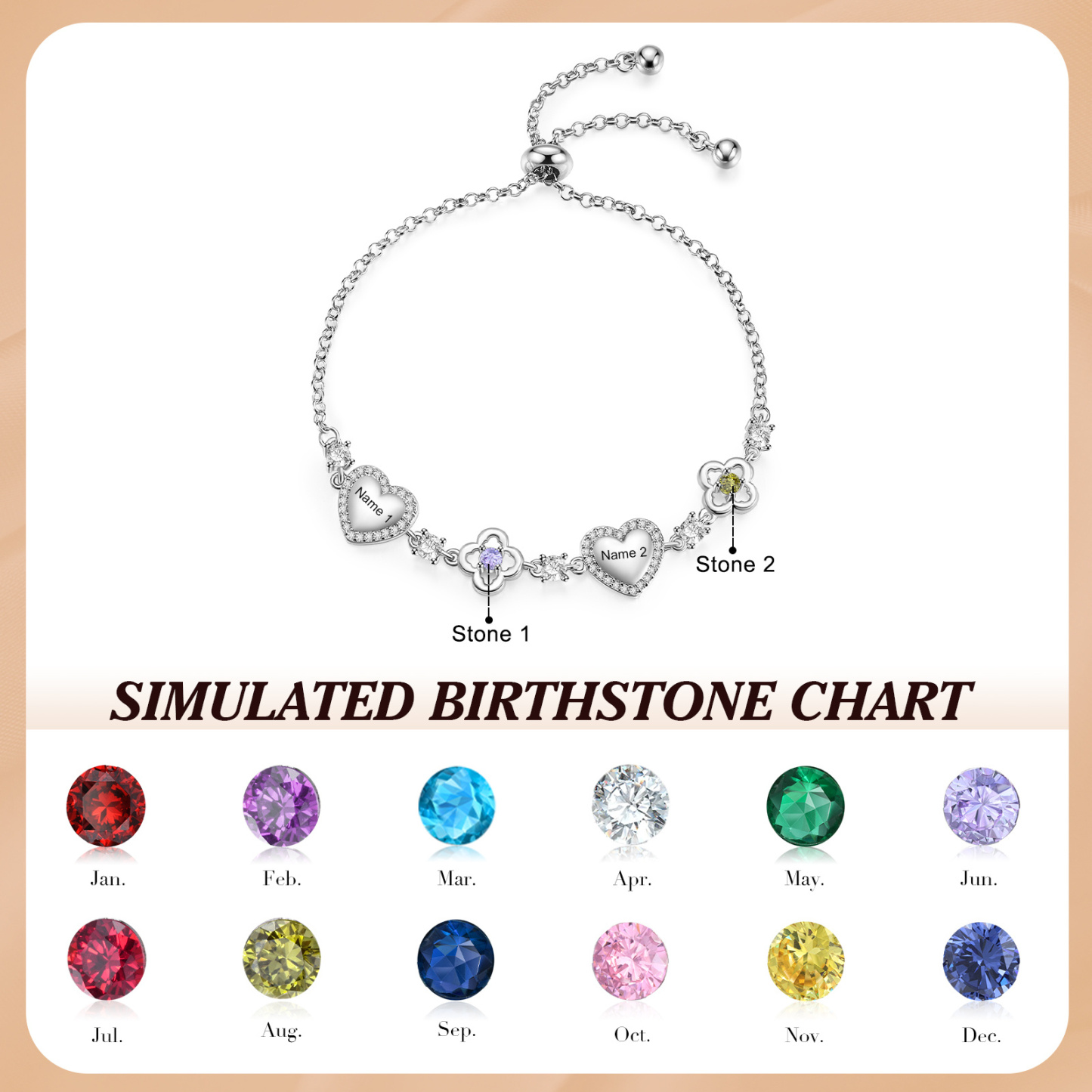 Personalized Birthstone Bracelet with Heart and Flowers Customized with 2–5 Names and Stones