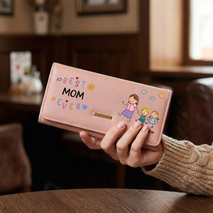 Personalized Leather Wallet Best Mom Ever Family Custom With 1-8 Names and Kids