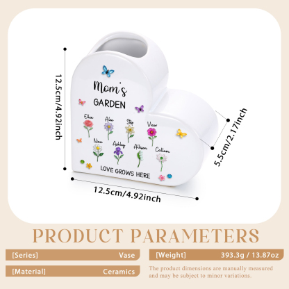 Personalized Ceramic Heart Vase Custom with 1–10 Names and Birth Flowers Family Gift for Mom or Grandma