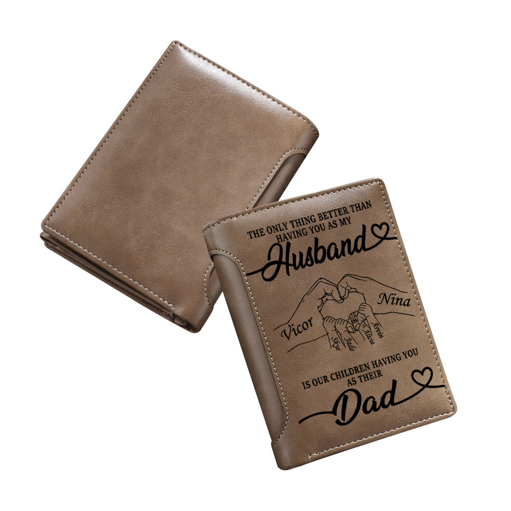 Personalized Leather Trifold Wallet for Husband or Dad with 1–6 Kids Names and Heart Hands Design