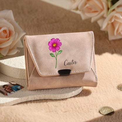 Personalized Women Leather Wallet Custom With Birth Flower And Name