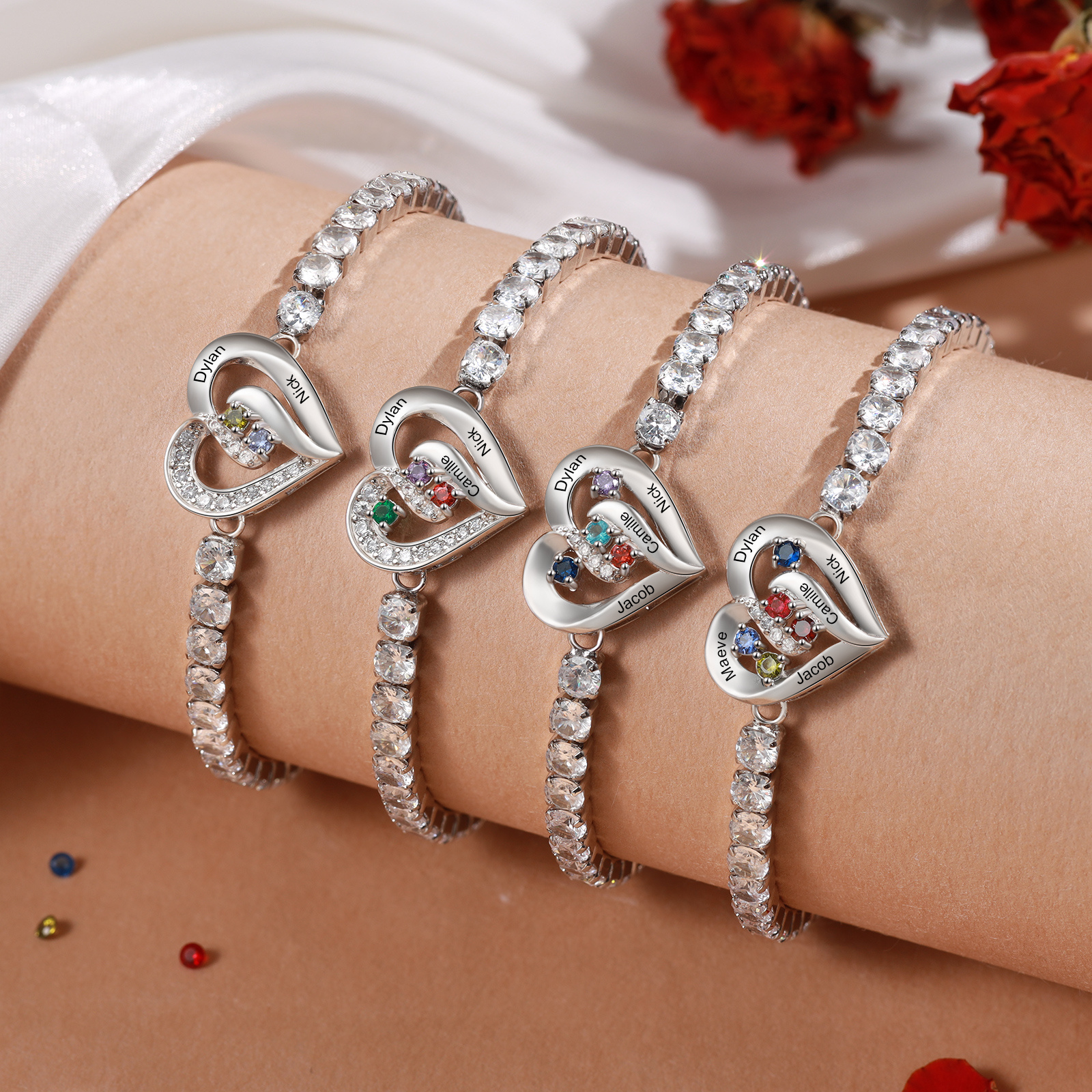Personalized Diamond Heart Birthstone Tennis Bracelet with 2–5 Custom Names