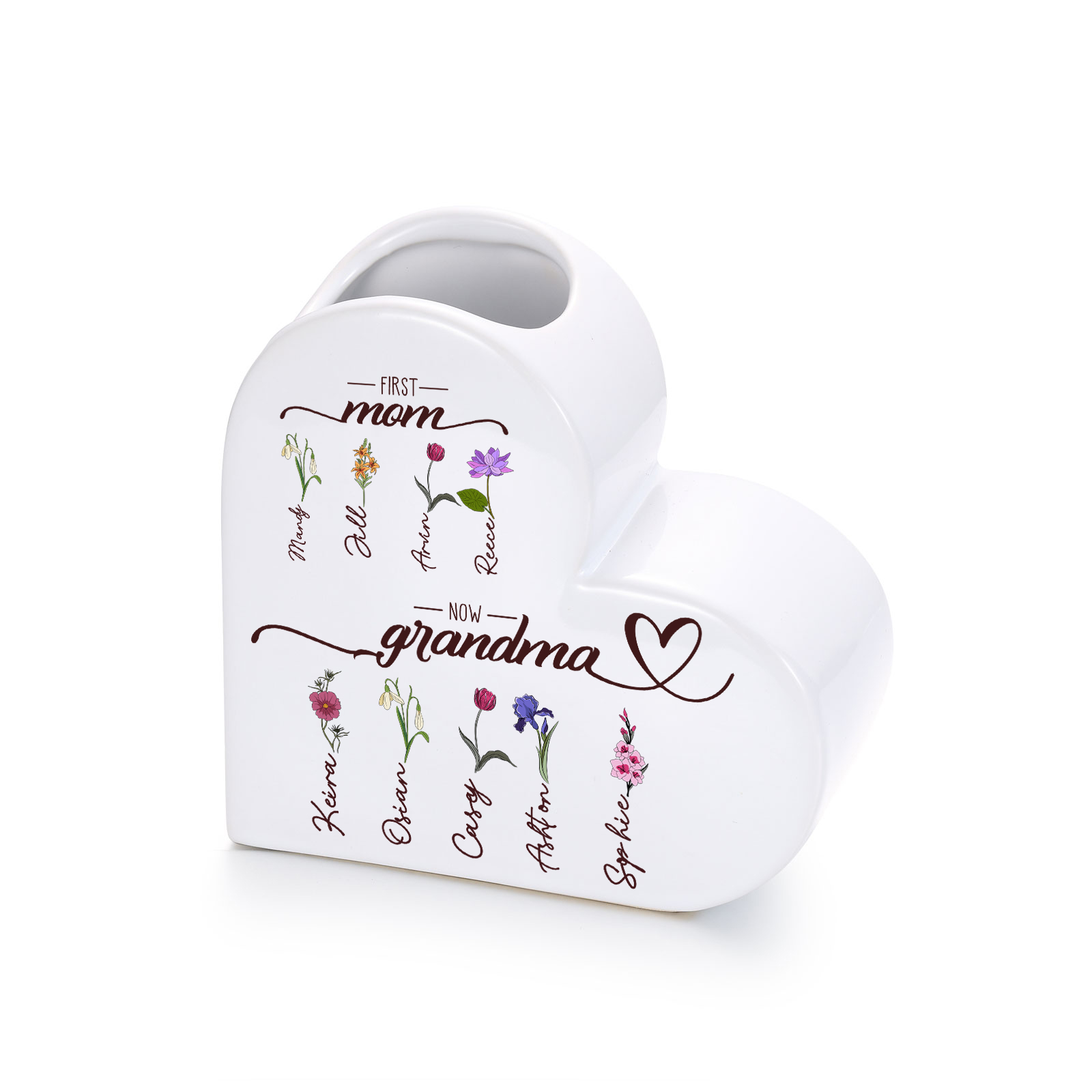Personalized Heart-Shaped Ceramic Vase First Mom, Now Grandma Custom with 2–10 Birth Flowers and Names